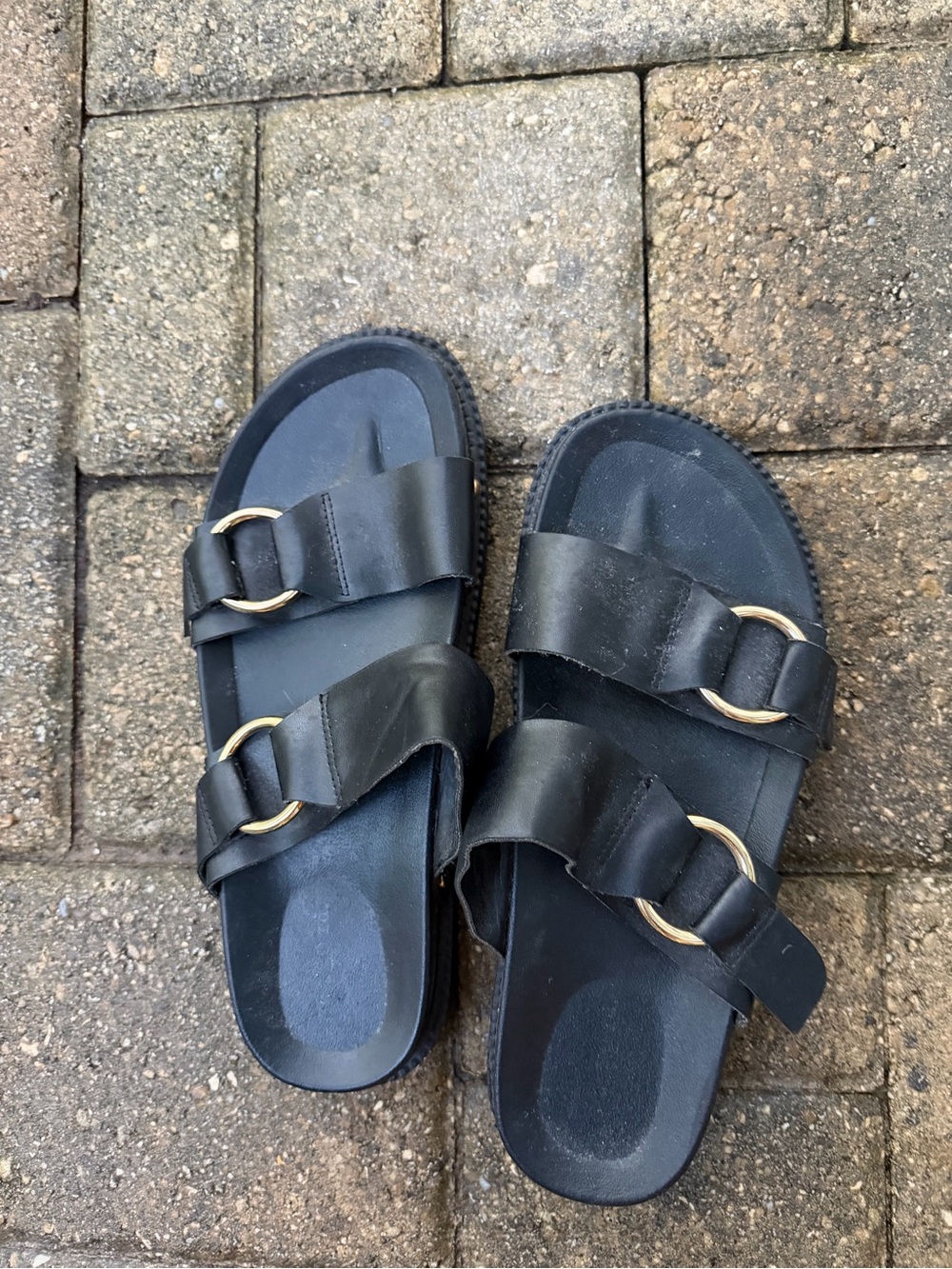 Black Double Strap Slide Sandals with Gold Rings